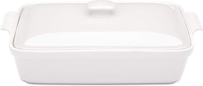 Stoneware Casserole Dish Bakeware Set with Lid, Covered Rectangular Dinnerware, Large 3.2 Quart, 11 by 9 Inch, Bianco [White]