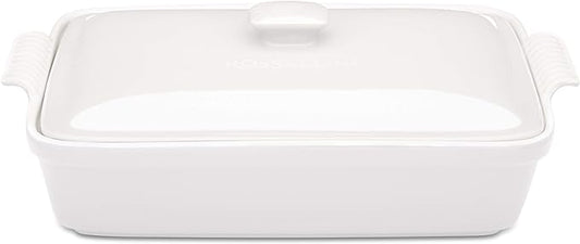 Stoneware Casserole Dish Bakeware Set with Lid, Covered Rectangular Dinnerware, Large 3.2 Quart, 11 by 9 Inch, Bianco [White]
