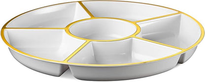 Plasticpro 6 Sectional Round Plastic Serving Tray/Platter (4, White & Gold)