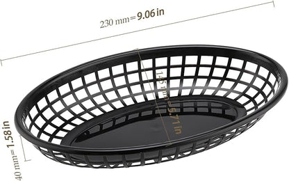 80 Pack 9x5.7x1.6 Inch Black Plastic Fast Food Baskets, Restaurant Serving Basket, Oval Fast Food Serving Baskets for Picnic, Deli Serving, Chicken, Burgers and Fries