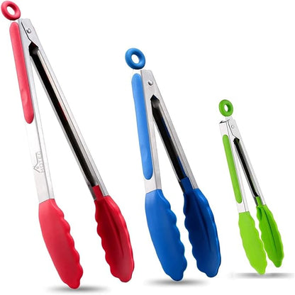Hotec Premium Stainless Steel Locking Kitchen Tongs with Silicon Tips, Set of 3-7", 9" and 12" multicolor