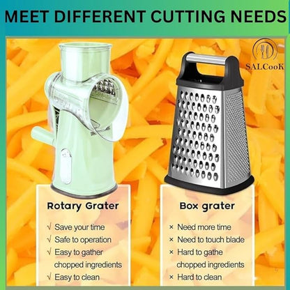 5-in-1 Manual Rotary Cheese Grater with Handle – Stainless Steel Replaceable Blades for Slicing, Shredding, Grinding & Wavy Cuts – Strong Suction Base, Blade Storage Box – White