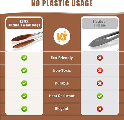 Wooden Tongs for Cooking Set of 2 (9" and 12") Natural Walnut Wooden kitchen Tongs for Grilling, Serving, BBQ and Tossing Salad etc | Ergonomic Stainless Steel Non-Slip Grip, Heat Resistant, Pull Lock