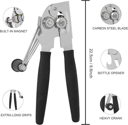 Commercial Can Opener with Magnet, Manual Heavy Duty Folding Hand Crank Can Opener Smooth Edge with Comfortable Long Handles, Fit All Size Cans, Large Cans