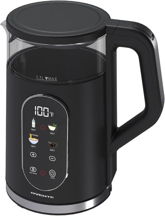 OVENTE Electric Kettle, 1.7L Fast Boiling Water Heater with Digital Touchscreen, Double-Wall Cool Touch Exterior, 5Hr Keep Warm, Auto-Shut Off, Boil-Dry Protection and Borosilicate Glass, Black KD96B
