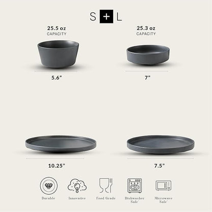 Stone Lain Celina Stoneware 16-Piece Dinnerware Set, Cereal and Dinner Bowls, Grey