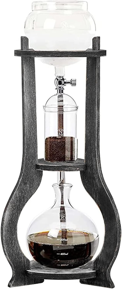 Cold Brew Drip Coffee Maker, 600ml/20.29 Ice Coffee Brewer Machine Cold-Drip Coffee Tower with Glass Container Wood Stand for Home Office