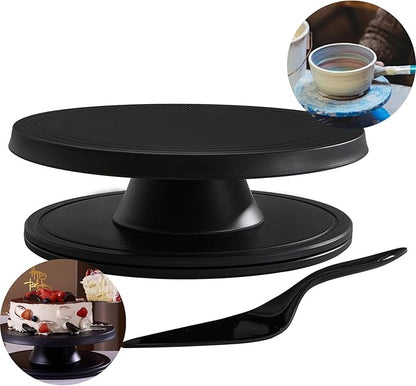 Cake Stand, 12'' Rotating Cake Turntable Revolving Cake Spinner Stand Cake Decorating Kit Display Stand Bamboo Fiber Turns Smoothly Painting Turn Table Stand for Pastries, Cupcakes(Black, L)
