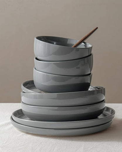 Famiware Milkyway Plates and Bowls Set, 12 Pieces Dinnerware Sets, Dishes Set for 4, Dark Gray