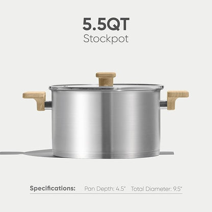 CAROTE Stainless Steel Stock Pot - 5.5 Quart Heavy Duty Induction Cooking Pot with Visible Lid for Pasta, Soup, Spaghetti, Bottom Big Stockpot, Deep Cookware for Canning, Boiling, Simmer
