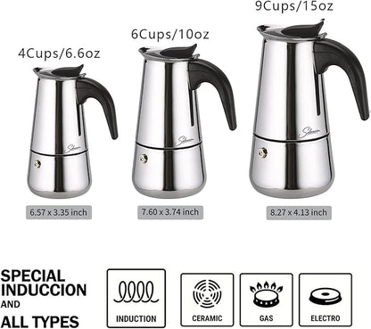 Coffee Maker 6 Cup Moka Pot Stainless Steel Percolator coffee pot Espresso Maker, Compatible with Gas, Electric, Ceramic, and Induction stovetops(10 fl oz/300 ml)