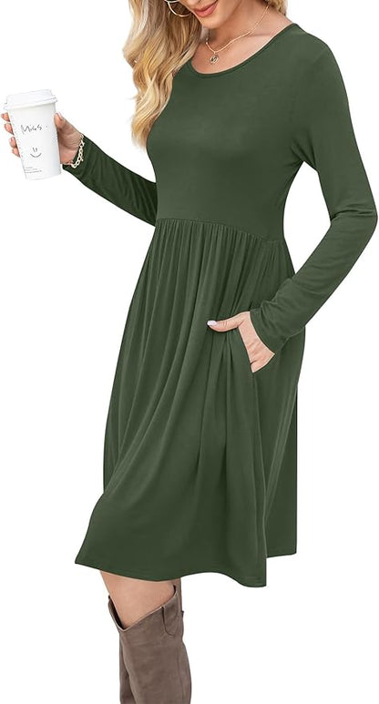 DB MOON Women Casual Long Sleeve Dresses Empire Waist Knee Length Loose Dress with Pockets