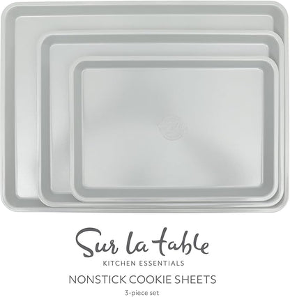 Sur La Table Kitchen Essentials Bake Sale 3-Piece Cookie Sheet Set – Nonstick Carbon Steel Baking Pans (13, 15, 18 Inch) – Grey Easy-Clean Oven Trays for Cookies, Roasting & More
