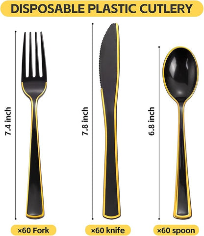 WDF 180 Pieces Black and Gold Plastic Silverware -Halloween Black Plastic Cutlery Incluede 60 Forks 60 Knives 60 Spoons Heavy Duty Disposable Flatware - Gold Utensils for New Year/Party/Daily Use