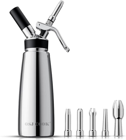 OSJCOOK Whipped Cream Dispenser Stainless Steel Cream Whipper Mirror Finish,500 mL/1 Pint Professional Cream Maker,5 Various Stainless Decorating Nozzles,1 Cleaning Brush,N2O Chargers NOT included