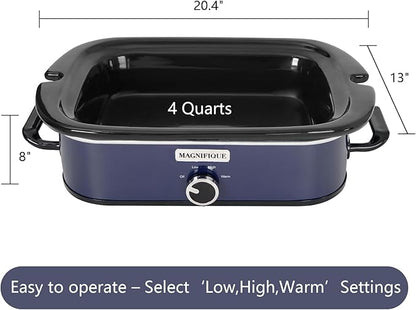 Magnifique 4-Quart Slow Cooker with Casserole Manual Warm Setting - Perfect Kitchen Small Appliance for Family Dinners, Dishwasher Safe Crock, Blue