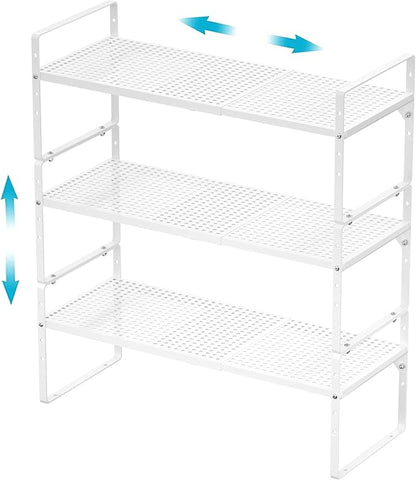 iPEGTOP 3 Pack Large Expandable Cabinet Storage Shelf, Heavy Duty Stackable Steel Metal Spice Rack Adjustable Height Home Office Pantry Garage Shelves for Counter Kitchen Organization, White