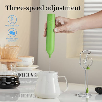Rechargeable Milk Frother Set by ELMWAY, Electric Drink Blender with Wand and Egg Whisk, Foam Maker Mixer, Milk Frother Handled for Coffee, Latte, Matcha, Protein Powder (Green with Stand)