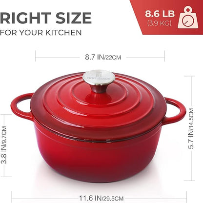 Trustmade 3 QT Cast Iron Dutch Oven, Enamel Coated Cookware Pot with Self Basting Lid for Home Baking, Braiser, Cooking, Red