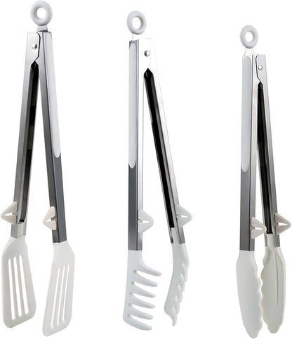 Kitchen Tongs,Set Of 3 Tongs with Silicone Tip for Cooking 9/12 Inch Stainless Steel Kitchen Tong for Meat,Food Grill,Salad,BBQ,Frying,Serving,Dishwasher (White, 9 Inch)