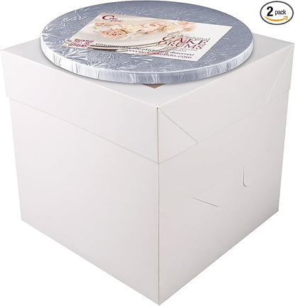 Cakebon Cake Boxes with Boards - 8 Inch Round Cake Drum Silver - Box With Window for Birthdays, Weddings and Parties (1pc Each, 2pcs Total)