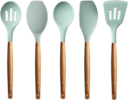 Kitchen Utensils Set, Silicone Cooking Utensils Set,Non-Stick Silicone Spatula Set with Natural Acacia Hard Wood Handle, 5 Piece, Upgraded Thickened Cookware