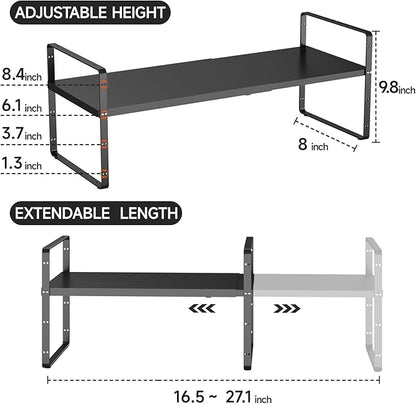 16.5-27’’L Expandable Cabinet Shelf Organizers, Stackable Metal Shelves Extender for Kitchen Countertop Storage, Adjustable Spices Shelves Rack Stand for Cupboard Pantry, Black