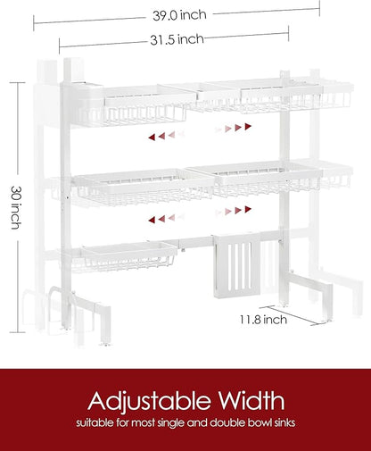 Dish Drying Rack - Over The Sink Dish Drainer Drying Rack with Utensil & Knife Holder, Hooks, Stainless Steel Kitchen Organizers and Storage Solution, 11.8" D x 31.5"~39.0''W x 30" H, White