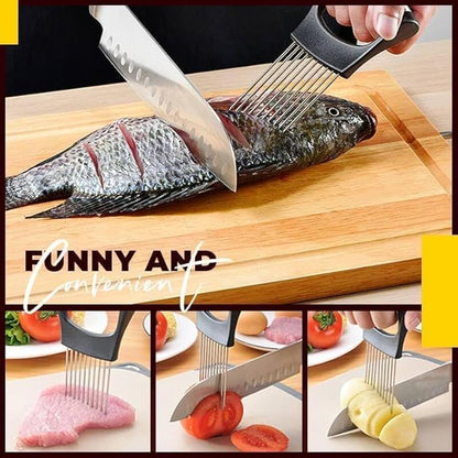 Stainless Steel Onion Holder, 2 Pack - Slicing Assistant Tool for Onion, Potato, Tomato (Grey)