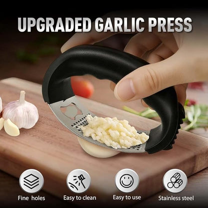 Stainless Steel Garlic Press Rocker, 2025 New Garlic Mincer and Garlic Crusher, Easy-Squeeze Garlic Tool with Peeler and Cleaning Brush for Smashing Garlic (A2-1Pcs)