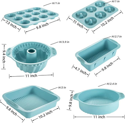 Nonstick Silicone Bakeware Set, 6 set Baking Cake Pan, Economical BPA Free Heat Resistant Bakeware Tools for DIY Loaf Bread Cheesecake Pizza Cupcake Muffin (Blue)