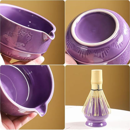Matcha Tea Set, 5-Piece Ceramic Matcha Bowl & Whisk Kit with Cute Cat Pattern, Traditional Japanese Chawan, Scoop & Sifter, Perfect for Tea Ceremony, Gift for & Tea Lovers (Purple;)