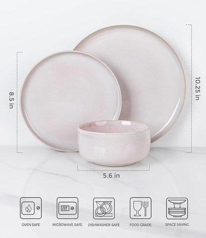 TheTerra Ceramic Dinnerware Sets for 4, 12 Pieces Handmade Reactive Glaze Plates and Bowls Set, Scratch Resistant Dish Set, Oven & Microwave & Dishwasher Safe, Primrose Pink