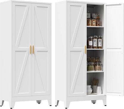 61" Tall Metal Pantry Cabinet, Kitchen Storage Cabinet with 2 Doors and 3 Adjustable Shelves for Kitchen, Living Room, Dining Room, Bathroom and Home, Office (White, 61" H)