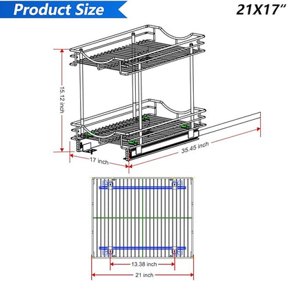 FULGENTE Chrome Finish Pull Out Drawer Cabinet Organizer 2 Tier (17" W * 21" D*15.12''H) Professional Sliding Pantry Shelves Under Kitchen Bathroom Sink Wire Drawer Storage Roll Out Shelf Basket