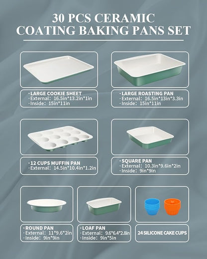 Ceramic Nonstick Baking Pans Set, Non Toxic 30 PCS Stackable Bakeware Sets, 550°F Oven Safe Baking Sheet & Pans, Warp-Free, Dishwasher Safe, PTFE/PFOA/PFOS-Free (Green)