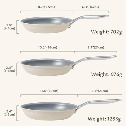 Ceramic Frying Pans Set, 3-Pieces Fry Pan (8", 9.5", 11") with Tri Ply Nonstick Coating, Induction Skillet Set with Handles, Healthy Fast Heating Cookware, Oven Safe, Suitable for All Stove
