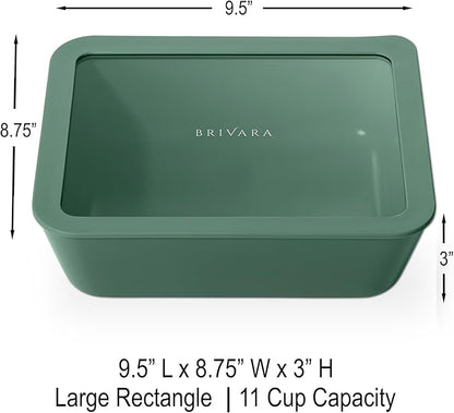 Ceramic Coated Glass Food Storage Container | No PTFE, PFOA, PFAS, and BPA | Reusable Non Toxic Meal Prep Container with Glass Lid | Easy To Store | 11 Cup Rectangle [Pine]