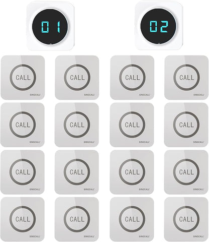 SINGCALL Restaurant Pager System Waiter Calling System Pagers and Beepers for Kitchen,Fast Food,Hotel,Restaurants,Cafe,Bar to Call Waiters 16 Waterproof Wireless Call Buttons 2 Number Display Receiver