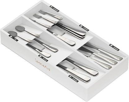 SpaceAid Bamboo Silverware Drawer Organizer with Labels, Kitchen Utensil Tray Holder Organizer for Flatware, Cutlery, Spoon and Knives Drawer Storage Organization (White, 6 Slots)