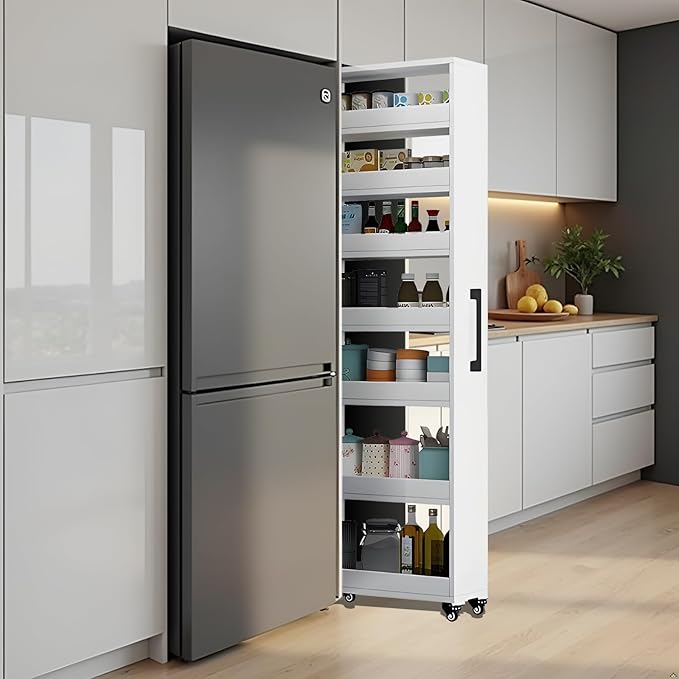7-Tier Slim Storage Cart, Wooden Rolling Pantry Cabinet with Wheels, Narrow Shelf Organizer for Kitchen, Bakers Rack, Dining Room, Closet, Small Spaces Teak 47.2" H*7.8" W*16.9" D