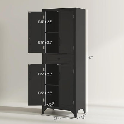 HOMCOM 67" Tall Freestanding Kitchen Pantry Cabinet, 4-Door Storage Cabinet with Drawer and Adjustable Shelves for Dining Room, Black