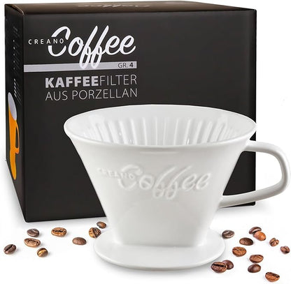 Creano Porcelain Coffee Dripper - White - Ceramic Cone Brewer - Pour Over Coffee Maker for Filter Bags Size 4 - Easy Manual Brew for pure taste - also for Camping, Hiking