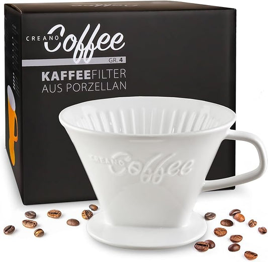 Creano Porcelain Coffee Dripper - White - Ceramic Cone Brewer - Pour Over Coffee Maker for Filter Bags Size 4 - Easy Manual Brew for pure taste - also for Camping, Hiking