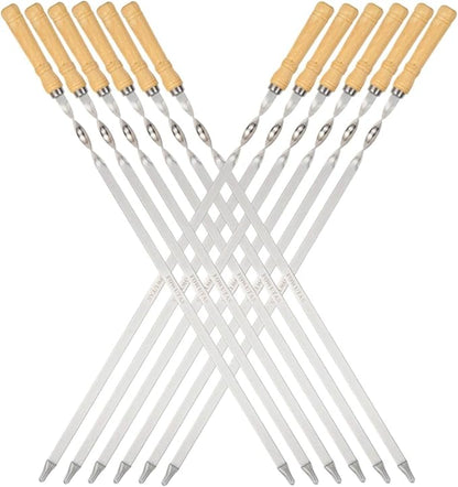 Large Size Kabob Skewers Flat Metal BBQ 22" Barbecue Skewer Wooden Handle Stainless Steel Shish Kabob Stick Wide Reusable Grilling Set Meat Shrimp Chicken Vegetable Kebab Fork Sausage-12PCS