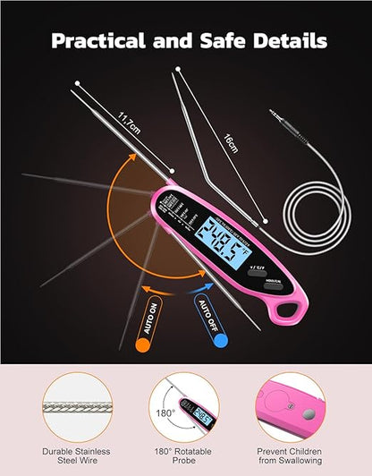 Instant Read Meat Thermometer Digital for Cooking & Grilling with Dual Probe, Big Backlit Screen & Auto-Calibration, Food Thermometer for Grill, Smoker, BBQ, Oven, Candy, Oil Fry - Pink