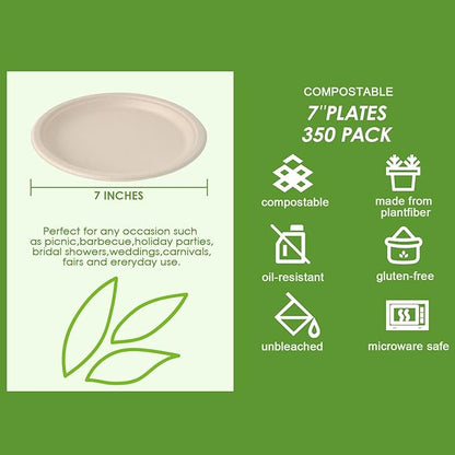 Vplus 350 Pack Paper Plates 7 inch 100% Compostable, Heavy-Duty Disposable Paper Plates Bagasse Natural Biodegradable Eco-Friendly Sugarcane