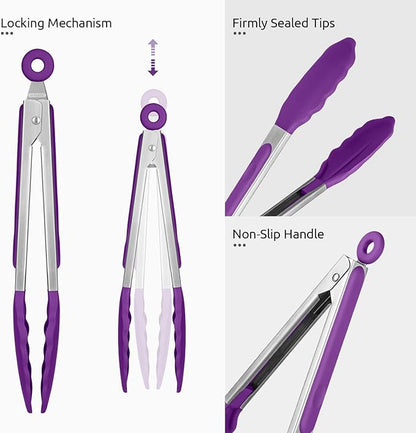 Heat Resistant Silicone Kitchen Tong: U-Taste 9 inch 480ºF Hot Proof Cooking Tong with Firm Sealed Non Stick Rubber Tips & Silicon Coated Steel Handle & Smooth Locking for Serving Grill Salad (Purple)