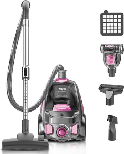 Canister Vacuum Cleaner, 32Kpa 1600W Bagless Vacuum Cleaner, Dust Full Indicator, H13 HEPA Filter, 3.7Qt Large Capacity, Lightweight Vac for Hard Floors, Carpet, Pet, Upholstery, Pink