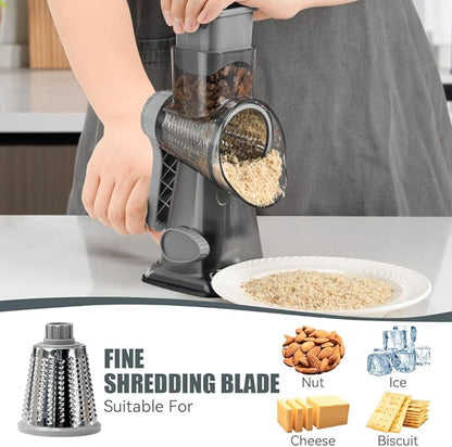 KEOUKE Rotary Cheese Grater Hand Crank Transparent - Shredder Slicer Grinder 3 Stainless Steel Blades, Stable Suction, Labor-Saving Handle, Safe Kitchen Tool for Cheese, Vegetable, Nuts, Chocolate